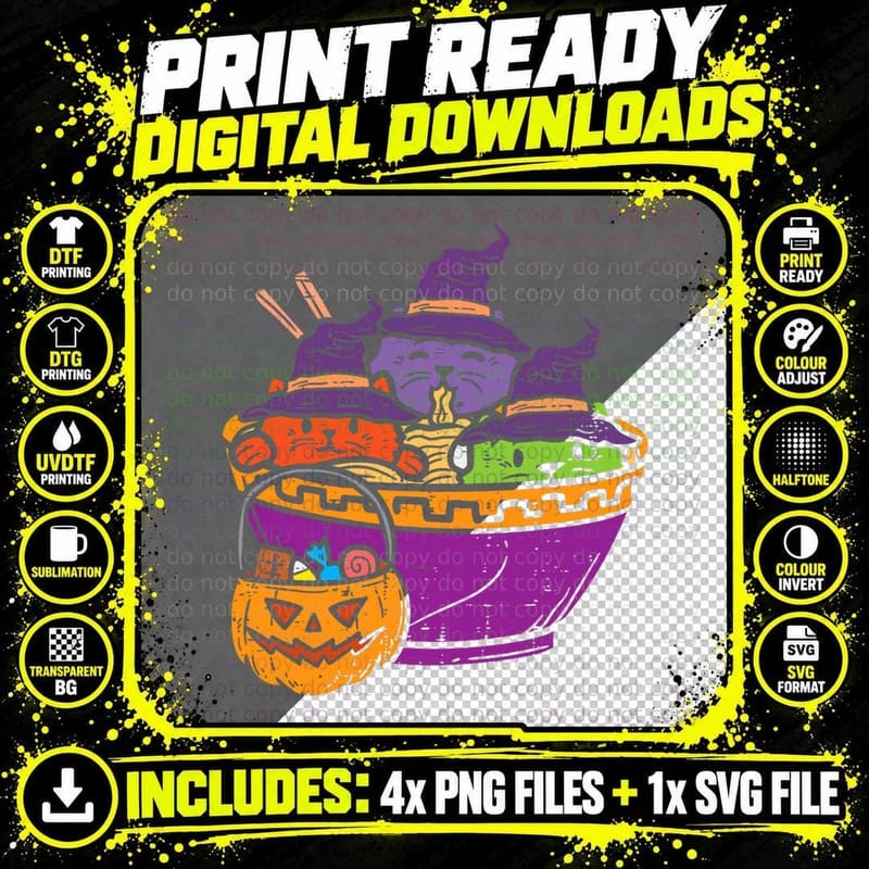 Witch Cats Ramen Cute Halloween Japanese Noodles Food Png SVG Digital Bundle