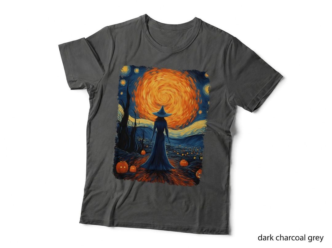 Witch Mystery Scary Moon Starry Night Van Gogh Art Halloween T-Shirt