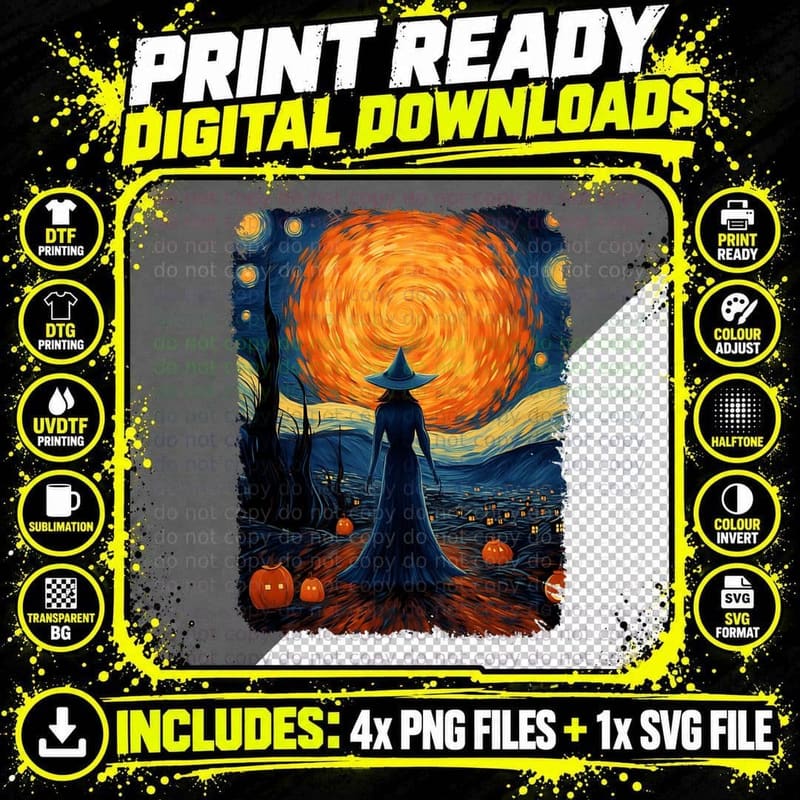 Witch Mystery Scary Moon Starry Night Van Gogh Art Png SVG Digital Bundle