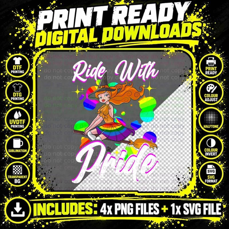 Witch Ride with Pride LGBTQ+ Gay Lesbian Halloween Png SVG Digital Bundle