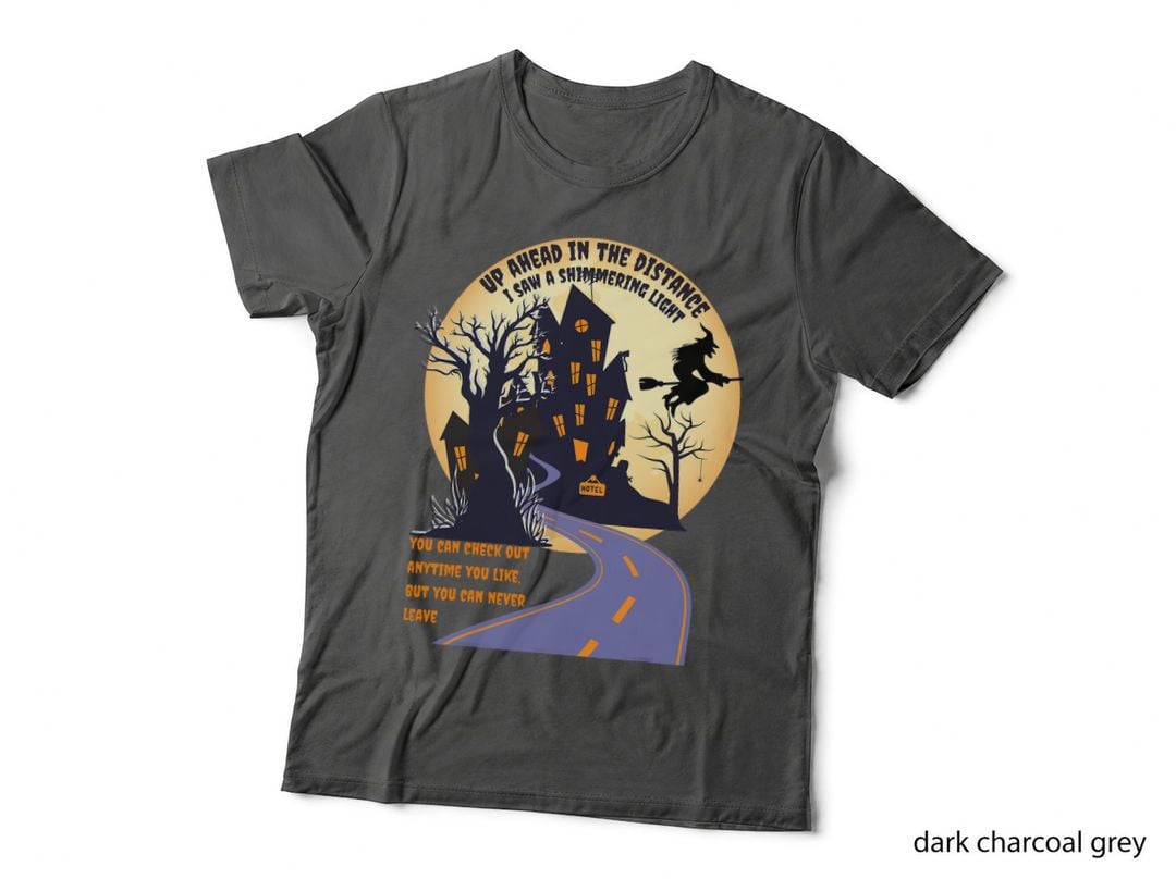 Witch Riding Broom on a Dark Desert Highway Halloween Moon T-Shirt
