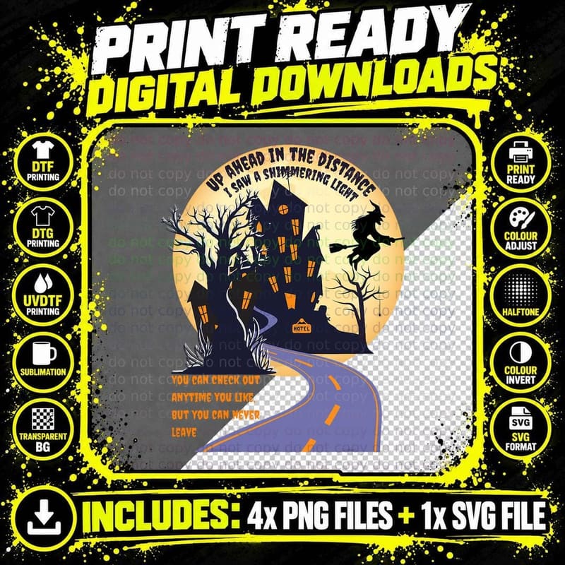 Witch Riding Broom on a Dark Desert Highway Halloween Png SVG Digital Bundle