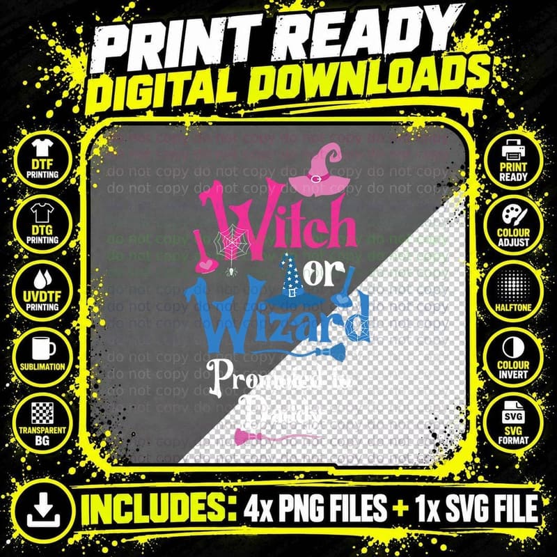 Witch or Wizard Promoted to Daddy Gender Reveal Party Png SVG Digital Bundle