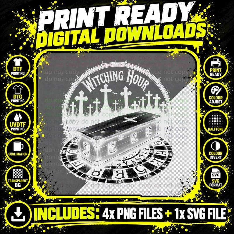 Witching Hour Coffin Cross Occult Symbols Dark Aesthetic Png SVG Digital Bundle