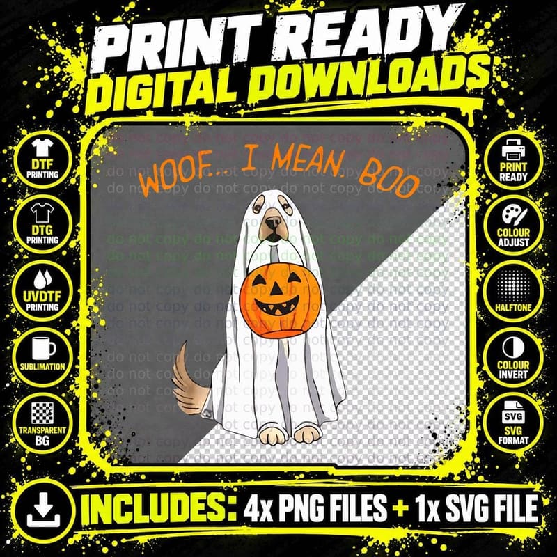 Woof I Mean Boo Funny Ghost Dog Halloween Pumpkin Women Png SVG Digital Bundle
