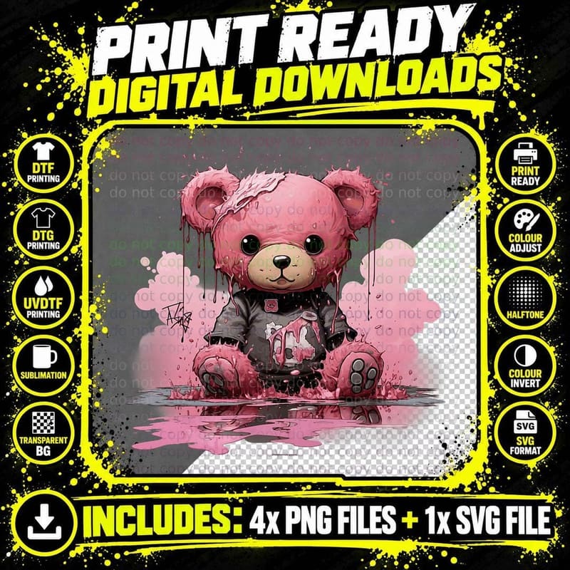 Yami Kawaii Creepy Cute Teddy Bear with Skulls Tees Png SVG Digital Bundle
