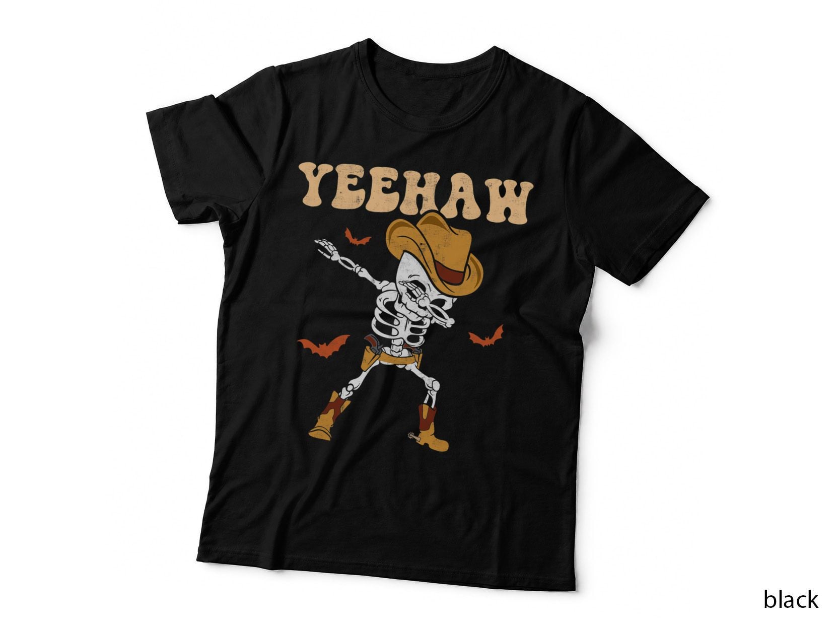 Yeehaw Dabbing Skeleton Spooky Season Halloween Groovy Retro T-Shirt