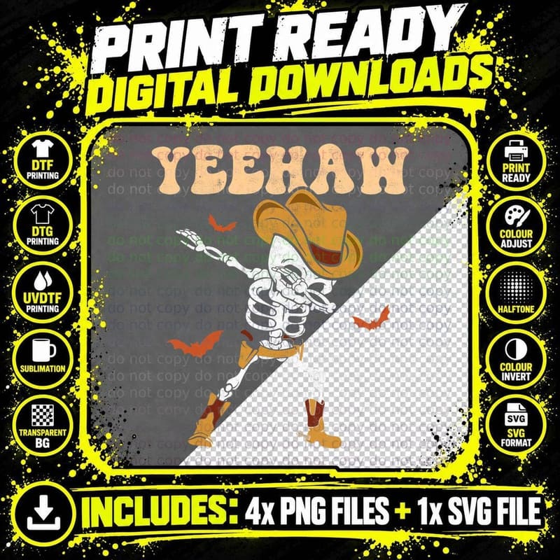 Yeehaw Dabbing Skeleton Spooky Season Halloween Groovy Png SVG Digital Bundle