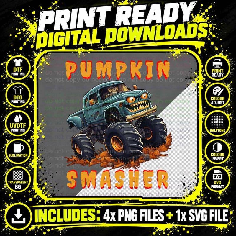 Zombie Monster Truck Pumpkin Smasher Halloween Costume Png SVG Digital Bundle