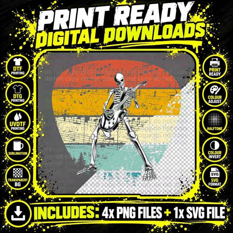 Acoustic Guitar Rock & Roll Skeleton Guitar Music Lover Png SVG Digital Bundle