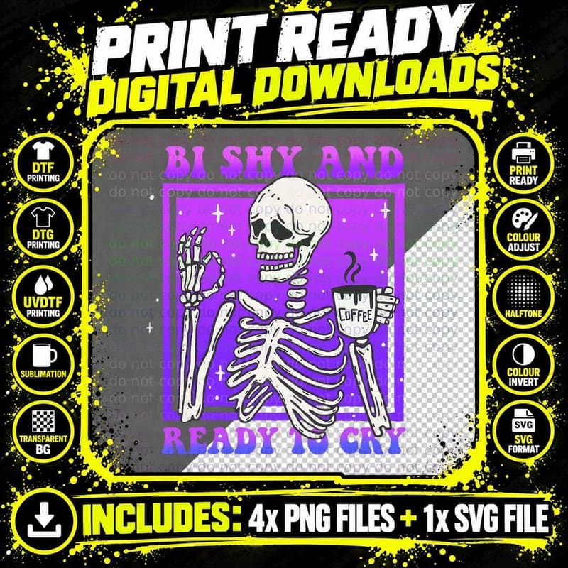 Bi Shy and Ready to Cry Funny LGBT Skeleton Bisexual Png SVG Digital Bundle