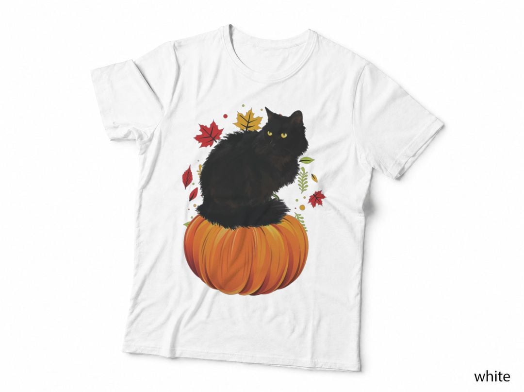 Black Cat Autumn Pumpkin T-Shirt, Fall Season Print, Pet Lover Apparel