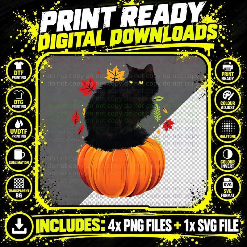 Black Cat Autumn Pumpkin T-Shirt, Fall Season Print Png SVG Digital Bundle
