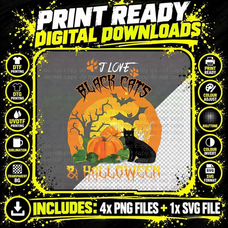 Black Cat Halloween T-Shirt, Spooky Cat Print Png SVG Digital Bundle