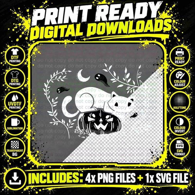 Black Cat Halloween T-Shirt, Spooky Pumpkin Print Png SVG Digital Bundle