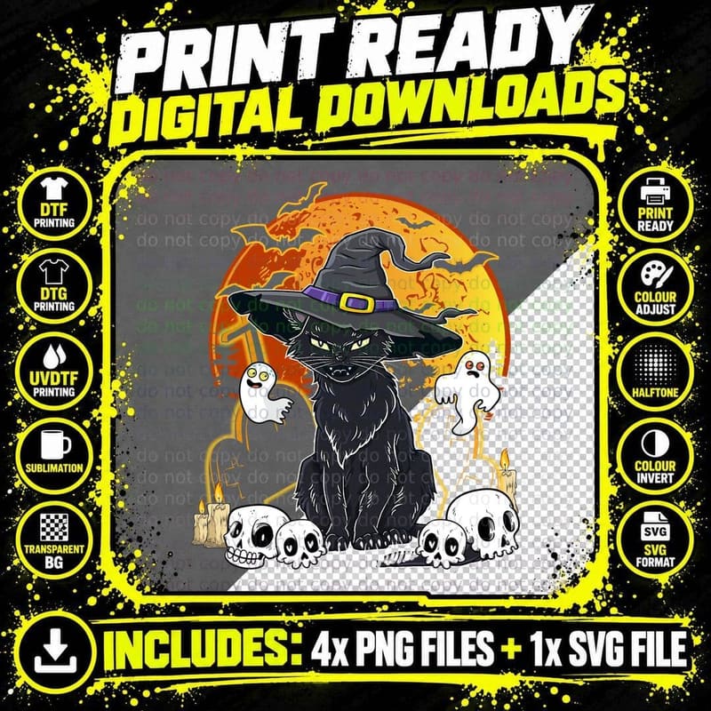 Black Cat Halloween T-Shirt, Spooky Witch Hat Png SVG Digital Bundle