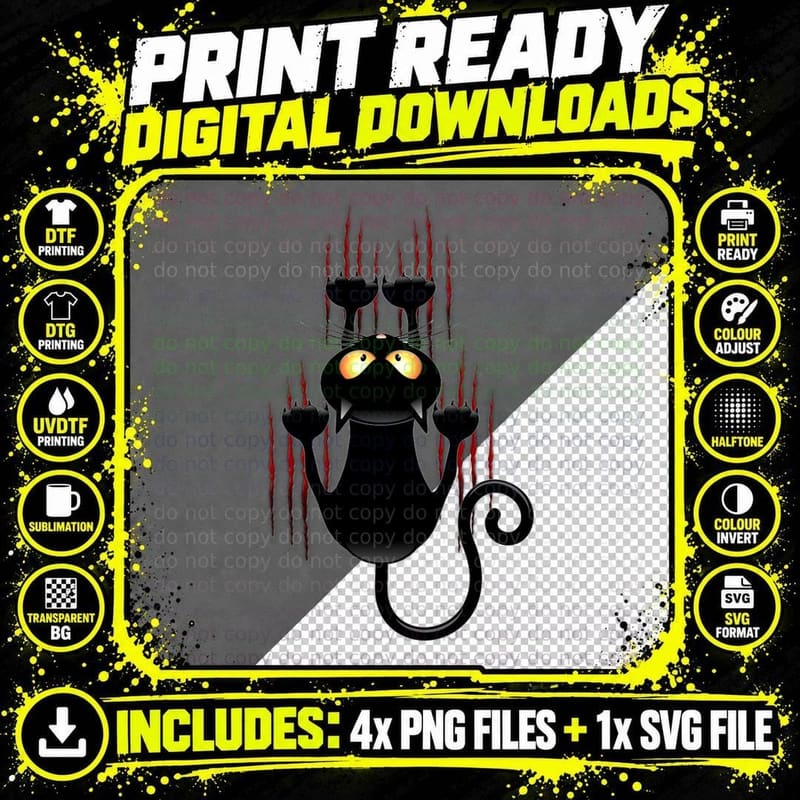 Black Cat Scratch T-Shirt, Halloween Horror Png SVG Digital Bundle
