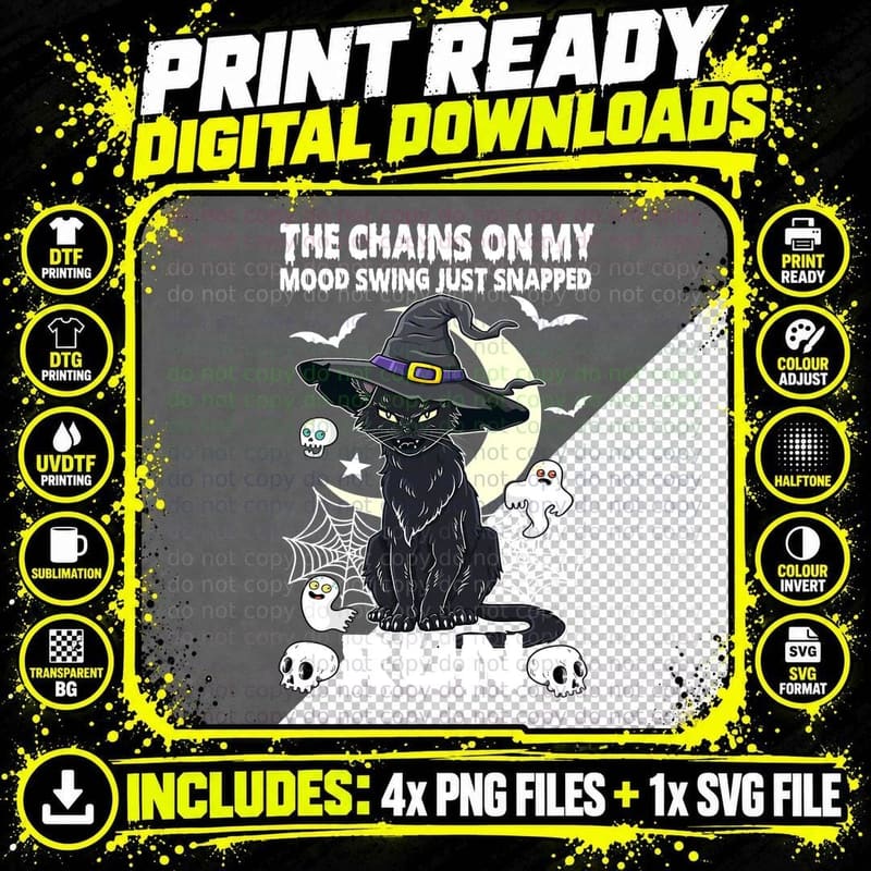 Black Cat Witch Hat T-Shirt, Halloween Costume Png SVG Digital Bundle