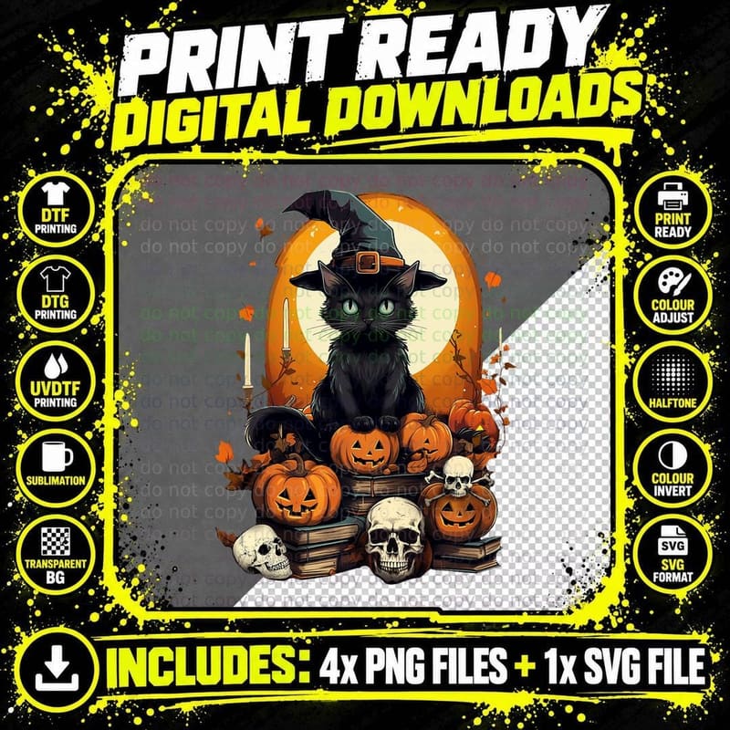 Black Cat Witch Reading Book Spooky Halloween Vibe Women Png SVG Digital Bundle