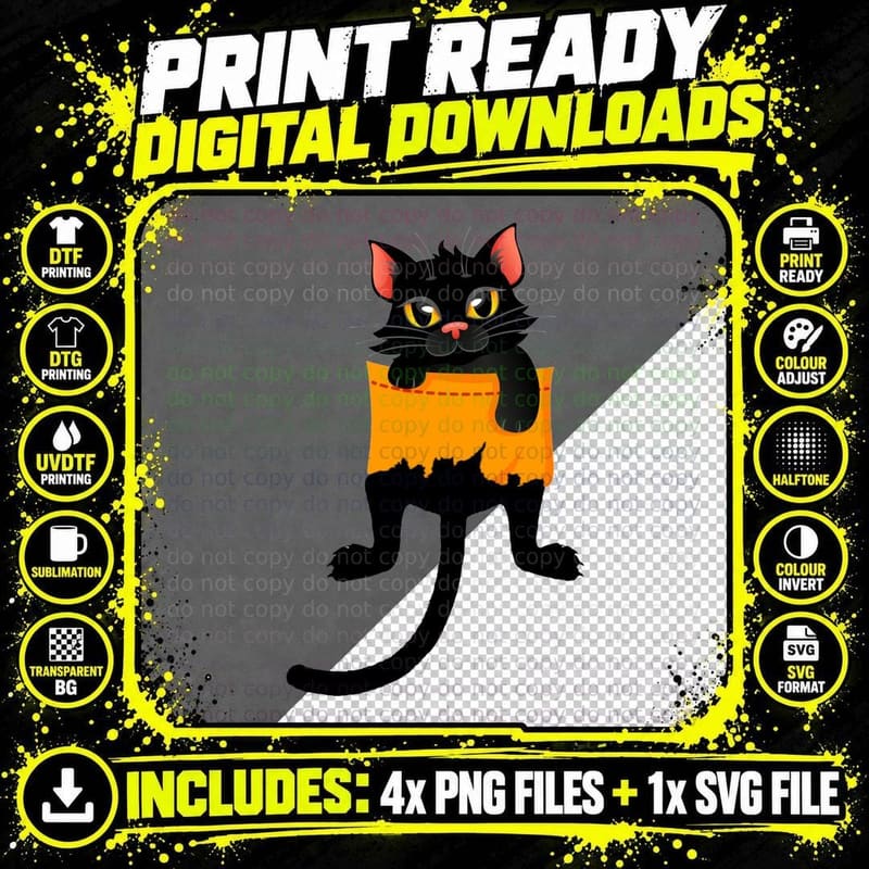 Black Cat in Pocket T-Shirt, Halloween Costume Png SVG Digital Bundle