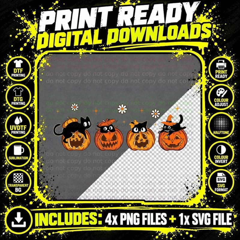 Black Cats Pumpkin Halloween T-Shirt Png SVG Digital Bundle