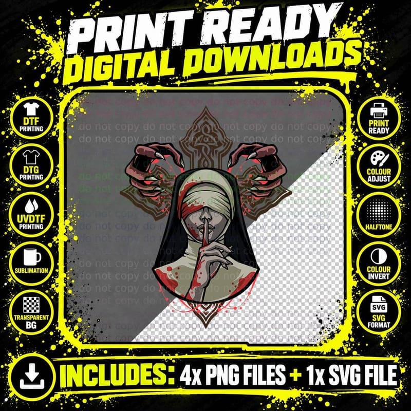 Blind Nun Faith Demon Gothic Horror Occult Silence Dark Png SVG Digital Bundle