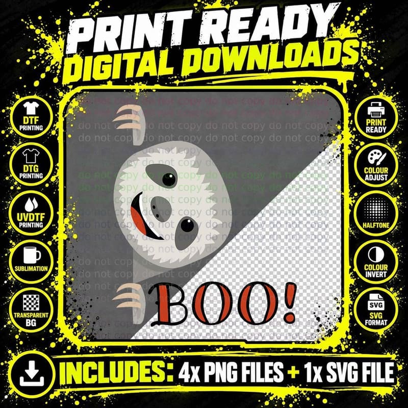 Boo! Funny Hiding Peekaboo Scary Halloween Sloth T-Shirt Png SVG Digital Bundle