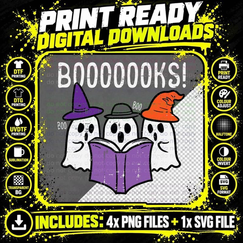 Boooks Ghosts Reading Book Retro Halloween Teacher Png SVG Digital Bundle