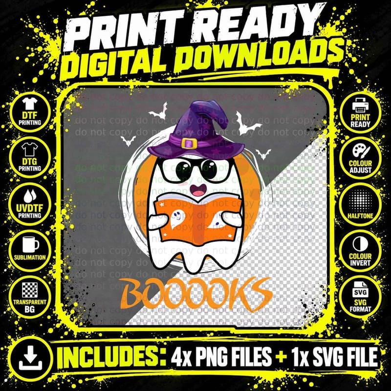 Booooks T-Shirt, Halloween Ghost, Spooky Bookworm Png SVG Digital Bundle