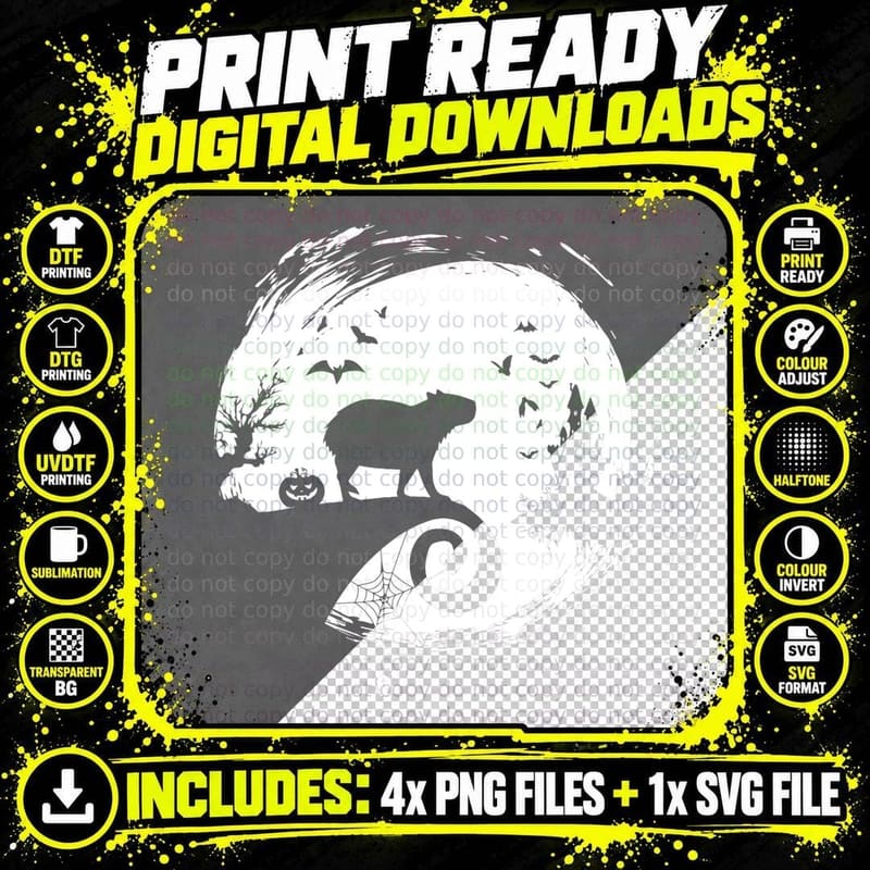 Capybara Halloween Costume Moon Silhouette Creepy Horror Png SVG Digital Bundle