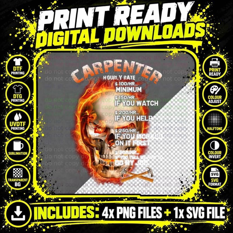Carpenter Hourly Rate T-Shirt, Gothic Skull Design Png SVG Digital Bundle