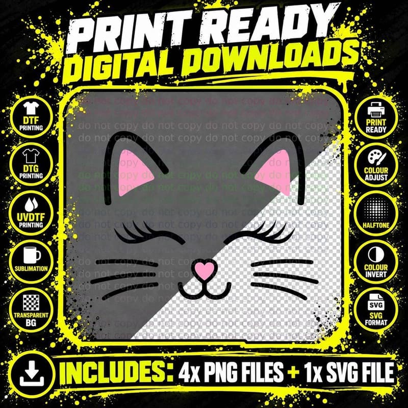 Cat Face Whiskers Print Cosplay Kitty Love Halloween Png SVG Digital Bundle
