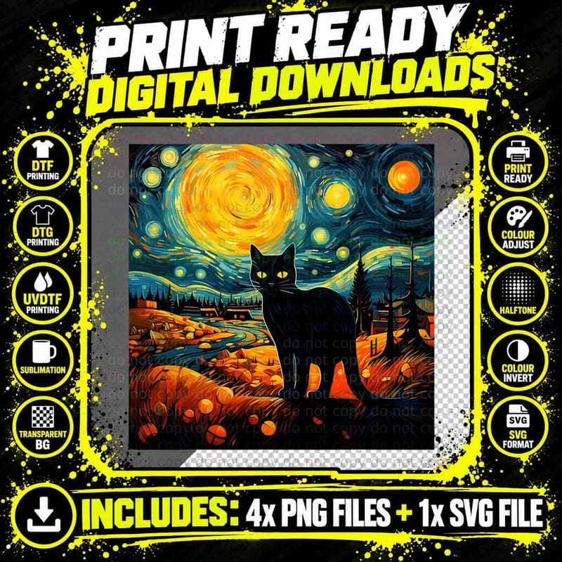 Cat Halloween Starry Night Van Gogh Aesthetic Painting Png SVG Digital Bundle