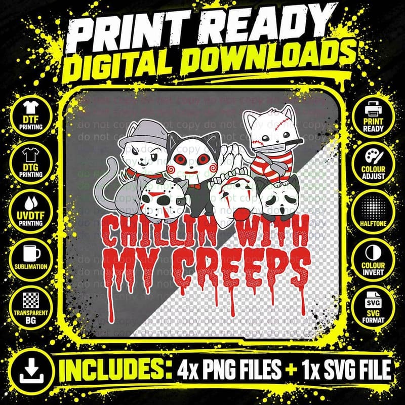 Cat Horror Serial Killer Halloween T-Shirt Png SVG Digital Bundle