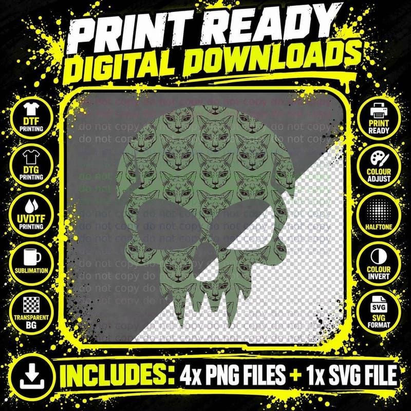 Cat Skull Head Skeleton T-Shirt, Gothic Cat Print Png SVG Digital Bundle