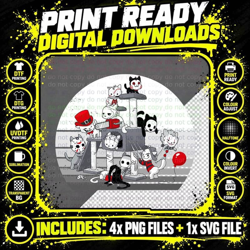 Cats Horror Characters T-Shirt, Halloween Costume Print Png SVG Digital Bundle