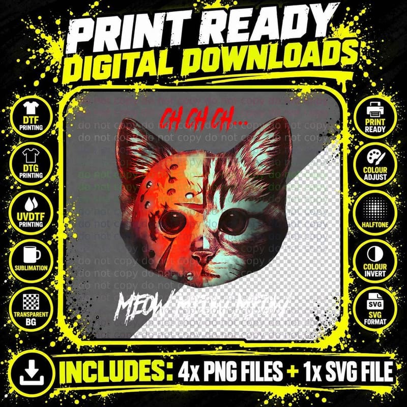 Ch Ch Ch Meow Scary Halloween Cat Funny T-Shirt Png SVG Digital Bundle