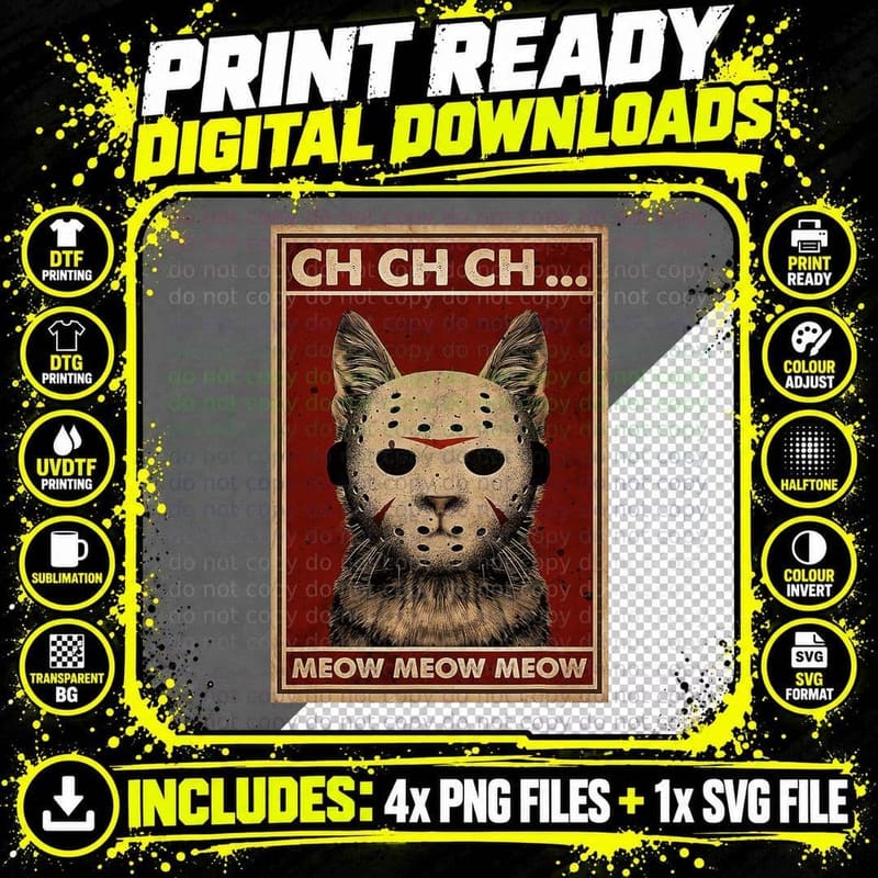 Ch Ch Ch Meow Scary Halloween Cat Horror Slasher Movie Png SVG Digital Bundle