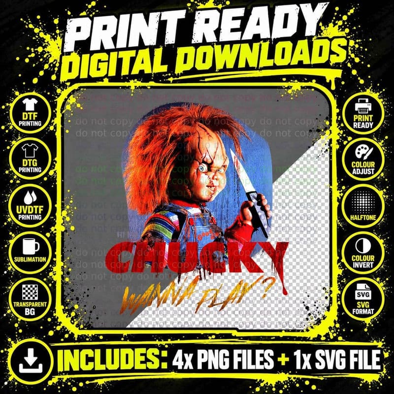Child's Play Chucky Wanna Play Creepy Portrait T-Shirt Png SVG Digital Bundle