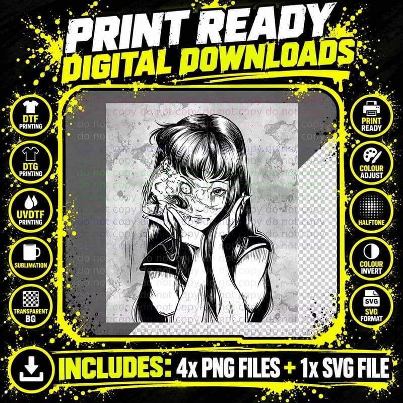Creepy Horror Manga Anime Woman Eyes Halloween Art Png SVG Digital Bundle