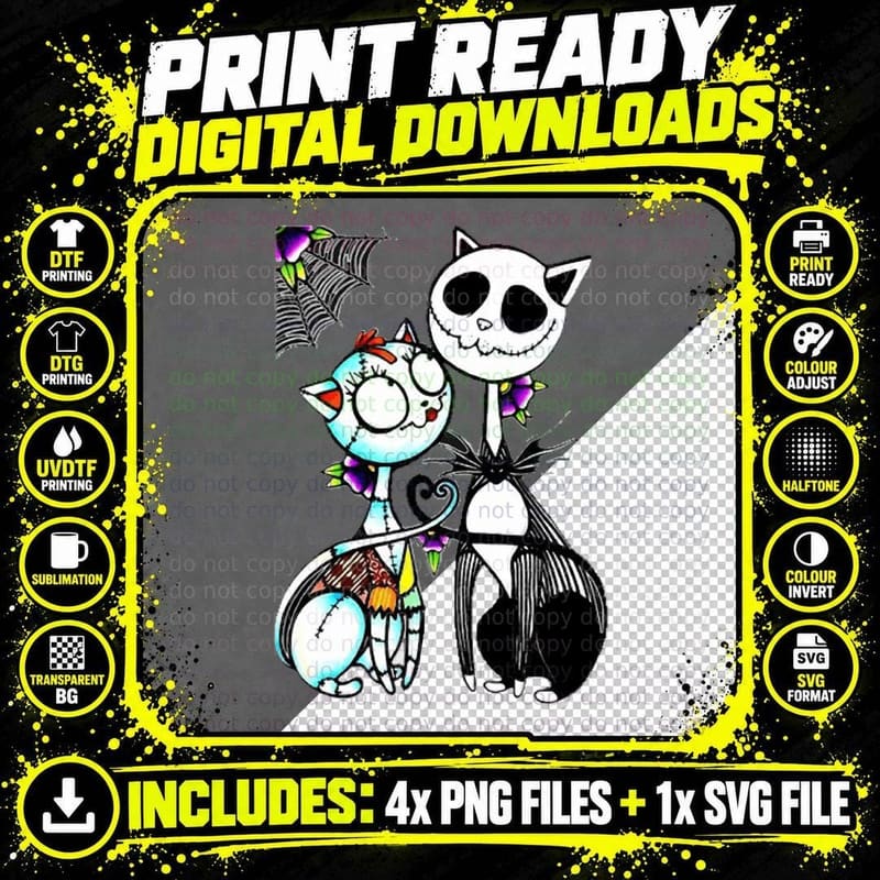Cute Cat Jack Skellington and Sally T-Shirt Png SVG Digital Bundle