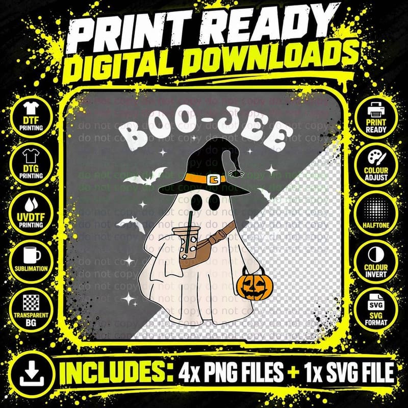 Cute Ghost Halloween Costume Coffee Witch Hat Boujee Boo Png SVG Digital Bundle