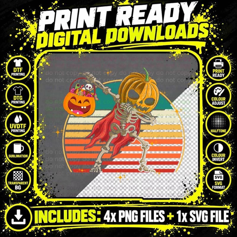 Dabbing Skeleton Pumpkin T-Shirt, Halloween Costume Png SVG Digital Bundle