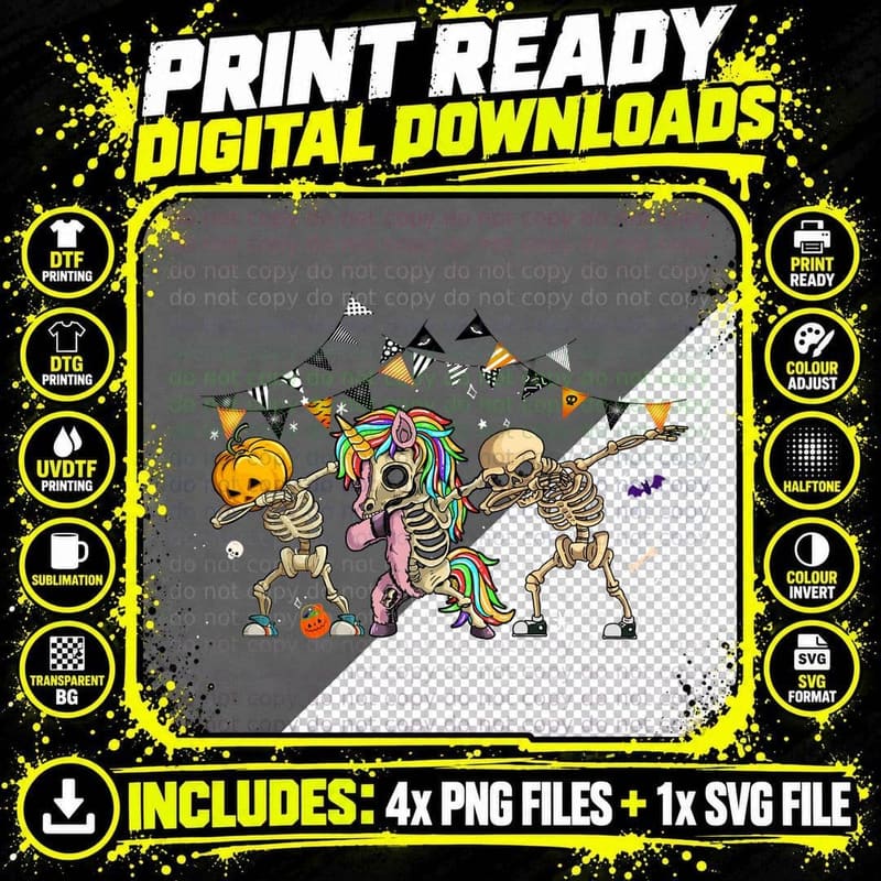 Dabbing Skeleton Unicorn T-Shirt, Halloween Costume Png SVG Digital Bundle