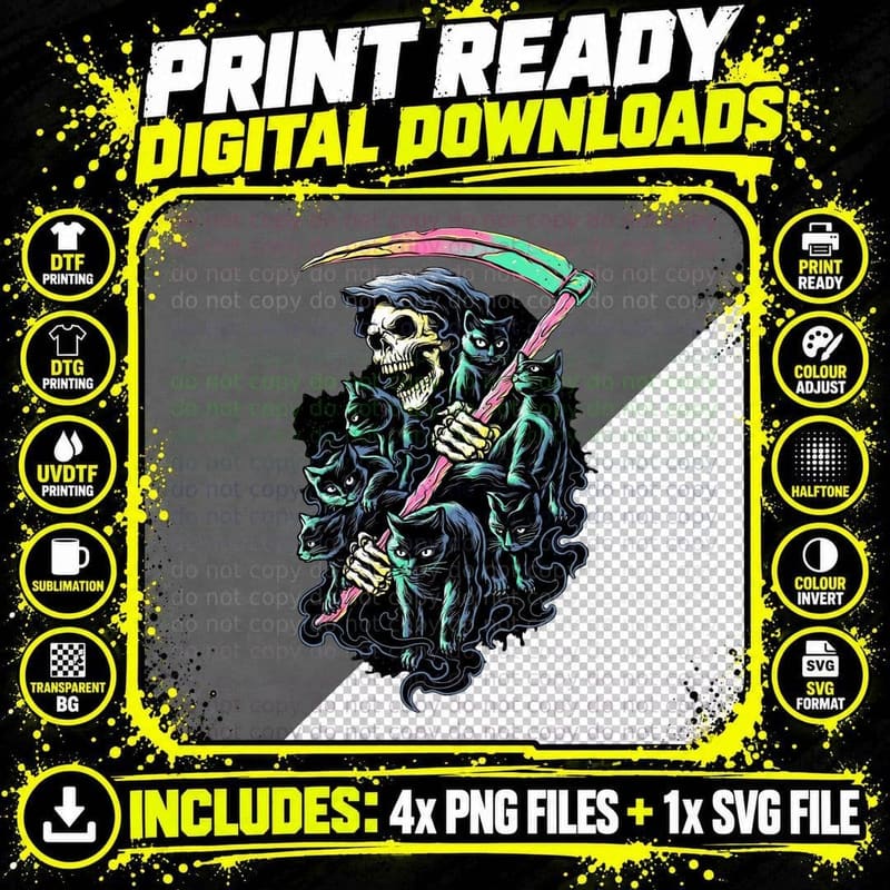 Death Cat Grim Reaper T-Shirt, Horror Movie Art Png SVG Digital Bundle