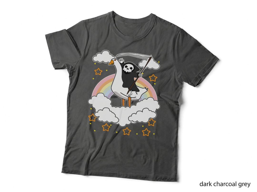 Death Riding a Goose Halloween Rainbow Grim Reaper on Duck T-Shirt