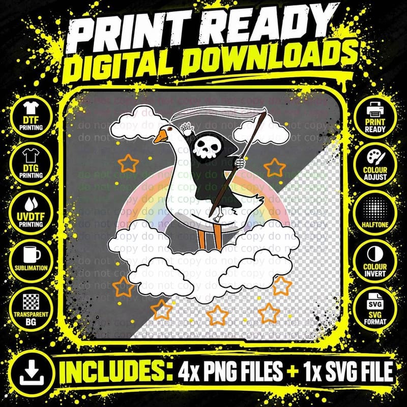 Death Riding a Goose Halloween Rainbow Grim Reaper on Png SVG Digital Bundle
