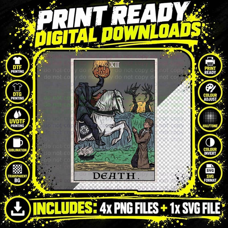 Death Tarot Card Headless Horseman Halloween Spooky Png SVG Digital Bundle