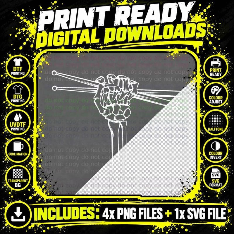 Drummer Drum Sticks Skeleton Hand Horns T-Shirt Png SVG Digital Bundle