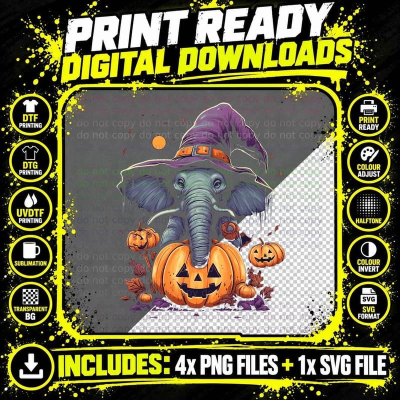 Elephant Witch Halloween Costume Wildife Animal Png SVG Digital Bundle